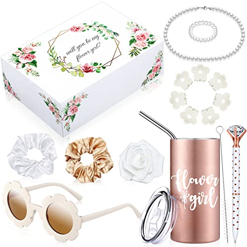 Yilloog 20 Pcs Flower Girl Proposal Gifts Box Set Water Bottle Tumbler Round Glasses Necklace Pearl Bracelet Will You Be M...