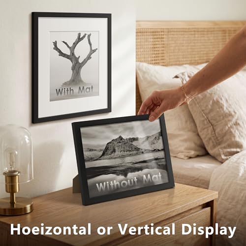 Xenoluma 11x14 Black Picture Frame with 8x10 Mat - Shatter Resistant HD Plexiglass, Wall Mount, Vertical Horizontal Displa...