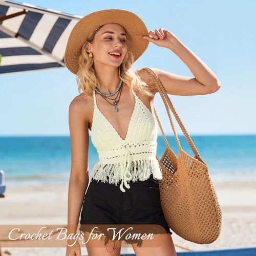 Crochet Tote Beach Bags for Women, Mesh Beach Tote Knit Bag, Summer Vacation Aesthetic Boho Hobo Shoulder Bag