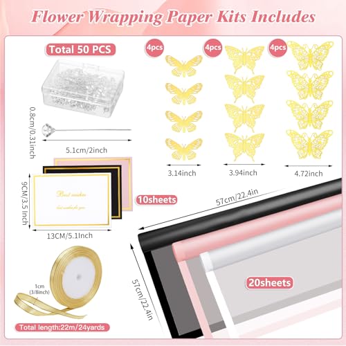 93 Pcs Floral Bouquet Wrapping Paper Kits, 20 Sheets Waterproof Flower Wrapping Paper 10 Greeting Cards 12 Gold Butterfly ...