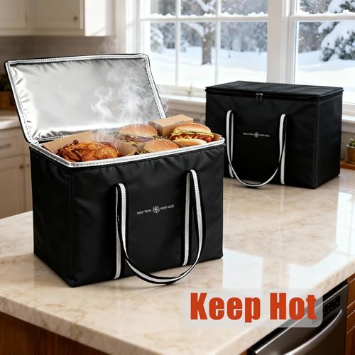 Insulated Food Delivery Bag, Large Durable Reusable Shopping Grocery Bag with Zipper – Foldable Thermal Cooler Bag for Hot...