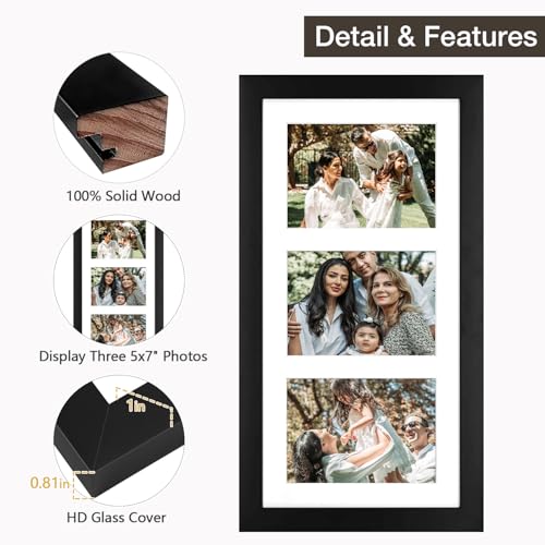 Golden State Art, 9x18 Black Wood Frame - White Mat for Three 5x7 Pictures - Sawtooth Hangers- Swivel Tabs - Wall Mounting...