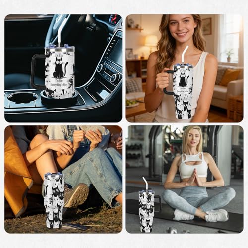 OMFUNS 40 oz Insulated Tumbler with Handle - Funny Black Cat Stainless Steel Metal Water Bottle with Lid and Straw, Everyt...