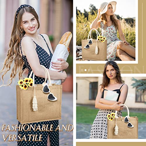 Woanger 4 Pack Burlap Tote Bags for Women Bridesmaid Jute Gift Bag with Handles and Tassels Reusable Grocery Bags for Wedding
