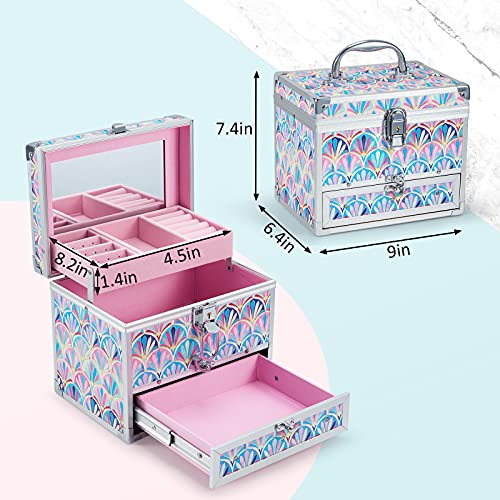 Hododou Girls Jewelry Box Organizer with Drawer & Mirror, Mermaid Tail Style Lockable Storage Case for Kid or Little Girls...