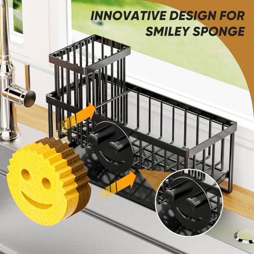 Taugast Sponge Holder for Kitchen Sink,Smiley Face Sink Caddy with Removable Brush Holder,Self-Draining Sponge Caddy for S...