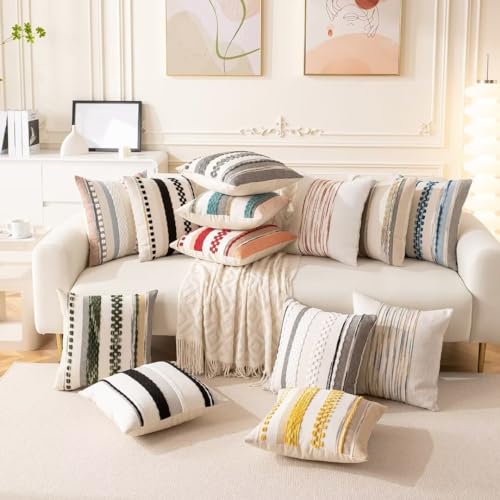 WANLIRD Boho Throw Pillow Covers 18x18 Set of 2 Farmhouse Decorative Cushion Case Striped Square Pillows Cover Chenille Pi...