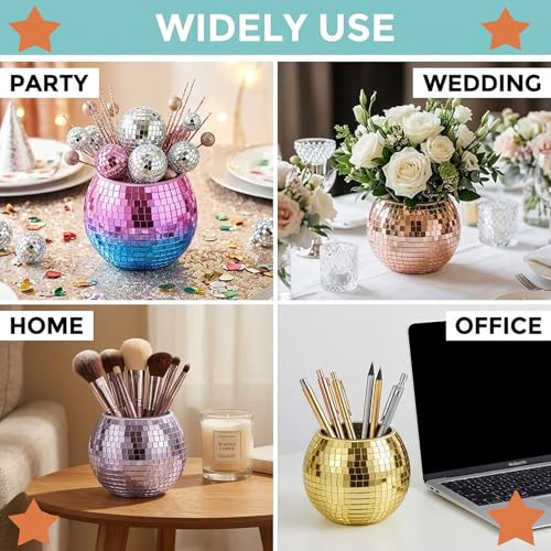 KAKUKAKU Disco Ball Makeup Brush Holder & Pen Cup - Fun Desk Accessories for Office, Cute Aesthetic Room Decor, Unique Gif...