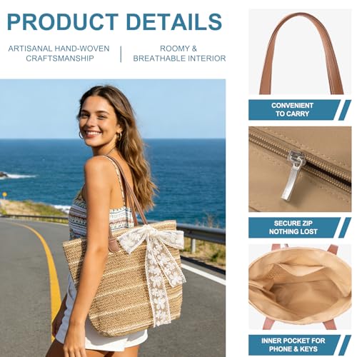 shoowyees Straw Beach Tote Bag for Women - 2026 Large Handwoven Summer Vacation Purse with Zipper for Travel Pool Shopping...
