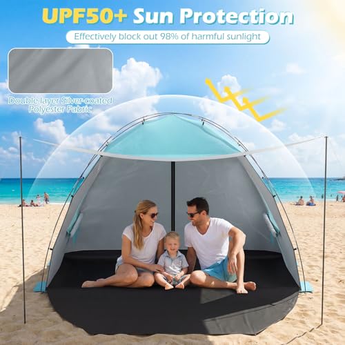 Tangkula 3/4/5/6 Person Pop Up Beach Tent with Canopy, UPF50+ Silver-Coated Lightweight Beach Sun Shelter with Extended Fl...