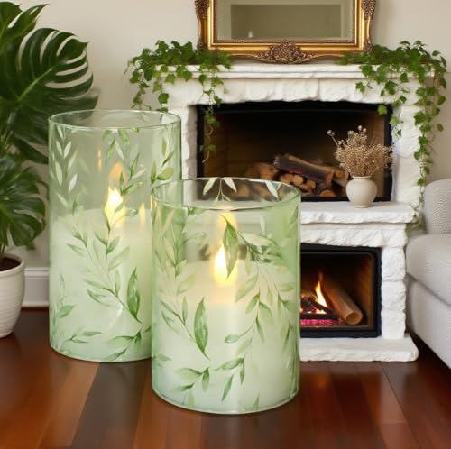 GORGE MOMENT Green Flameless Candles with Remote Willow Leaf Design Battery Operated Candles - Elegant Home Christmas Summ...