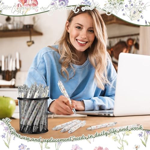 Spakon 32 Pcs Wildflower Ballpoint Pens Floral Art Novelty Gifts for Women 1.00 mm Black Ink Fashionable Retractable Ballp...