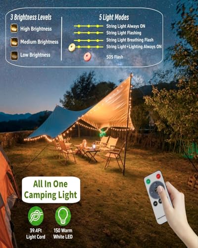 Solar Camping String Lights, 39.4 FT Fairy String Light, 4 in 1 Portable Waterproof Camp LED Lamp with 8 Lighting Modes, H...