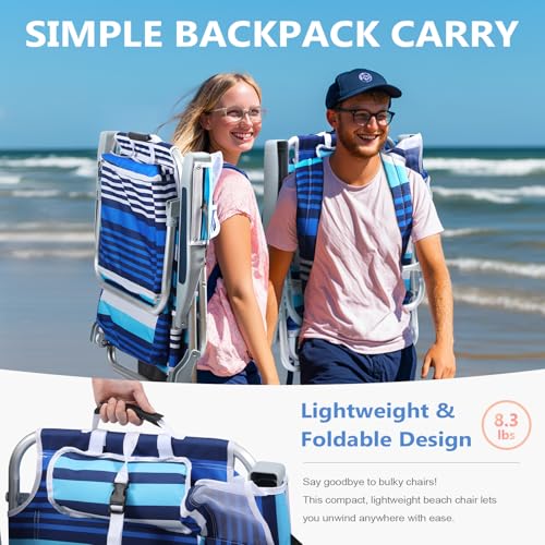 5-Position Aluminum Lay Flat Backpack Beach Chair 2 Pack, Compact Portable Low Beach Chairs for Adults, Beach Chair with C...
