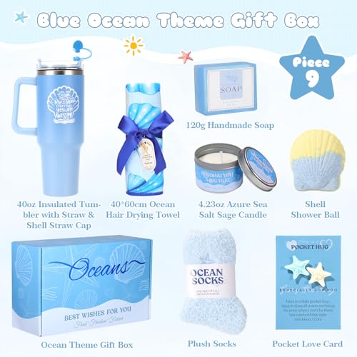 Mothers Day Gifts for Mom, Self Care Gift Basket for Women, Relaxation Spa Gift Set with Tumbler, Blue Ocean Gift Baskets ...