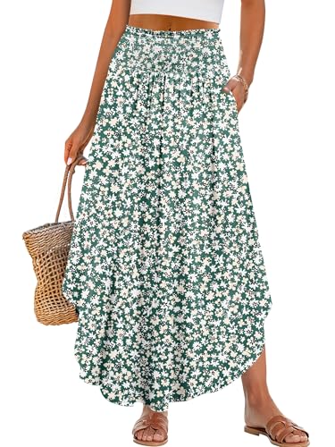 ANRABESS Women's Maxi Skirts Summer Boho Floral High Waisted Flowy Swing Pleated Beach Long Skirt with Pockets
