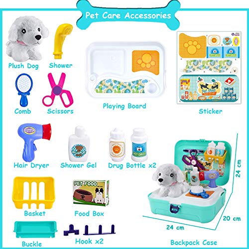 TEUVO Pet Care Play Set Doctor Kit for Kids, 16 Pcs Doctor Pretend Play Vet Dog Grooming Toys Puppy Dog Carrier Feeding Do...