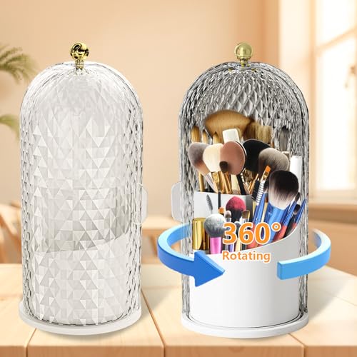 360 Rotating Makeup Brush Holder Organizer With Lid - Multifunctional Toothbrush Holder With Cover For Bathroom Countertop...