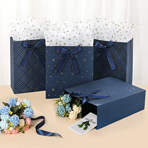 KomoLeay 4 Pack 9" Medium Size Gift Bags Assorted Premium Blue Gift Bags with Tissue Paper Use for Birthdays, Baby Shower,...