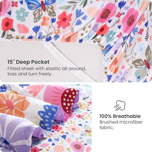 Mooreeke Full Size Comforter Sets for Girls Kids, 8 Pieces Bed in a Bag Purple Floral Butterfly Bedding Comforter Sheet Se...