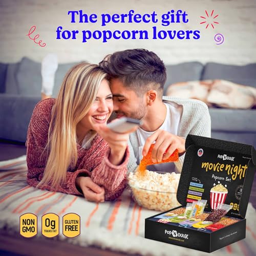 Pop n' Dulge Popcorn Movie Night Supplies 16 pcs Gift Set, 5 Gourmet Popcorn Kernels, 5 Seasoning Variety Packs Non-GMO Ko...