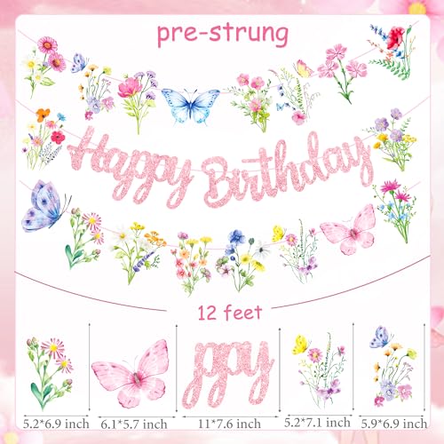 Wildflowers Happy Birthday Banners 3Pcs Pink Butterfly Theme Party Decorations for Women Girl Spring Birthday Baby Shower ...