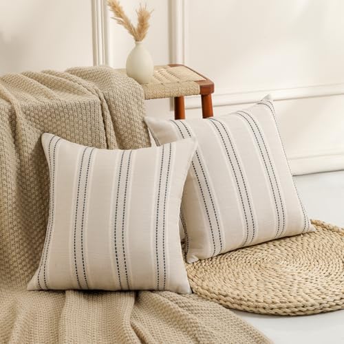 Hckot Throw Pillow Covers 20x20 Set of 2 Striped Pillow Covers Textured Linen Decorative Pillows Square Cushion Covers for...