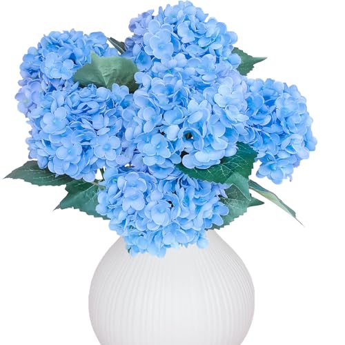 LA.PONEE 6PCS Premium Blue Silk Hydrangea Artificial Flowers Bouquets - Realistic Fake Hydrangea with Stems, Faux Flower A...