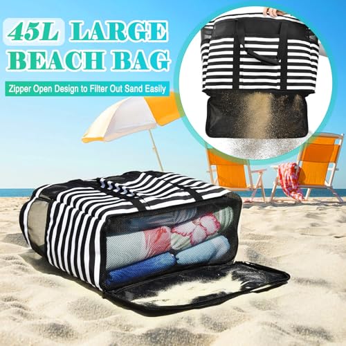 TEUEN Large Beach Bag with Zipper, 12 Pockets Waterproof Sandproof Pool Bag Womens Mesh Beach Tote Bag for Travel Vacation