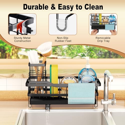 GUUKAR Sponge Holder for Kitchen Sink, Self-draining Sink Organizer with Towel Rack and Brush Holder, Metal Kitchen Sink O...