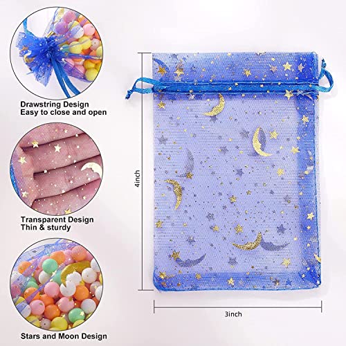 ENNIYU 100 Pieces Moon Star Organza Jewelry Candy Bags, 3x4inch Random Colors Mesh Bags, Organza Favor Gift Pouches with D...
