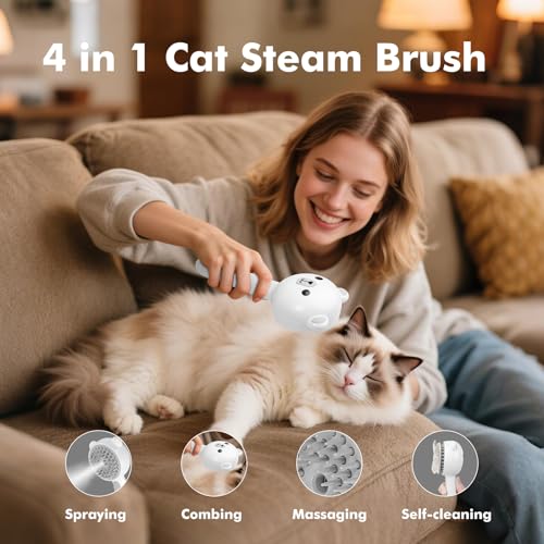 4 in 1 Pet Steam Brush for Cat & Dog, Cat Steam Brush for indoor Cats, Self Cleaning Shedding & Grooming Tool with Waterle...