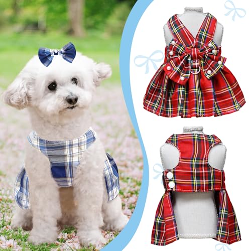 Dog Dress Bowknot Harness Leash Set for Small Dogs Girl Cute Plaid Dog Dress Pearls Bow Tie Spring Summer Princess Clothes...