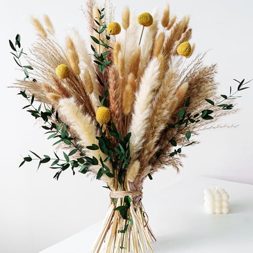 Boho Dried Flowers Bouquet – Olive Green Wall Decor, Pampas Grass Bouquet, Rustic Flower Arrangement, Moody Office & Bedro...