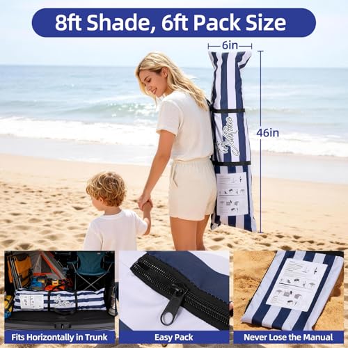 Jihfmo 8x8 Ft Large Beach Cabana Tent, UPF 100+ Windproof Sun Shelter for Family - 64 Sq Ft Big Shade Canopy with Sand Anc...