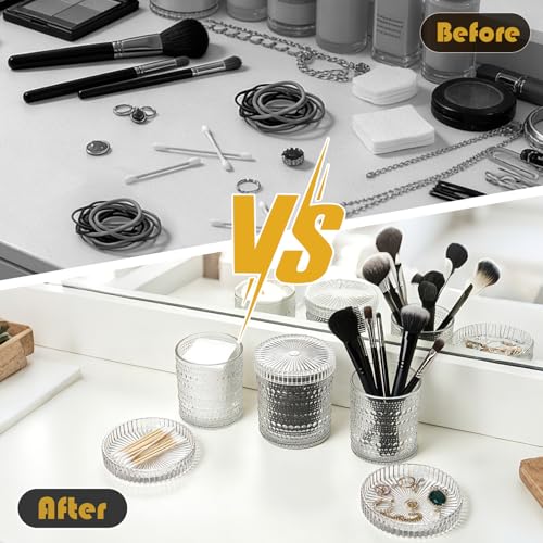 Bathroom Organizers and Storage, 4 pack Glass Qtip Holder, Bathroom Jars with Lids, Vanity Organizer for Cotton Rounds, Ba...