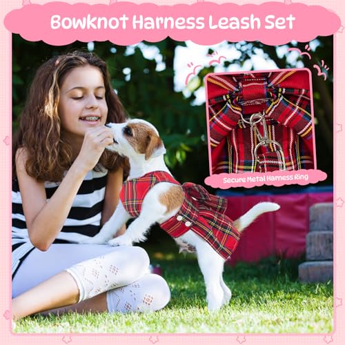 Plaid Dog Dresses for Small Dogs Girl Bowknot Harness Leash Set, Cute Small Dog Dress Harness Dogs Cat Clothes Female with...