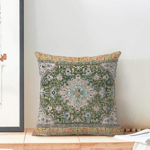 AEIOAE Boho Pillow Covers 20x20 Inch Set of 2,Carpet Pattern Throw Pillows Case,Sage Green Yellow Ethnic Design Outdoor De...
