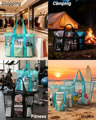 Funxdola 2-Pack Large Mesh Carryall Tote Beach Bags - 8 Front Back Pockets Zip Compartment for Toiletry Travel with 2 S Hooks