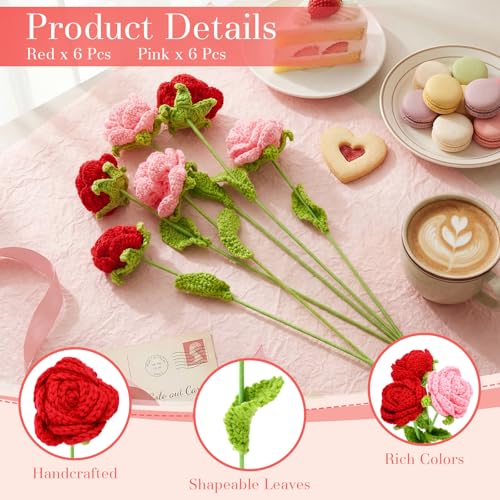 Rivvlive 12 Sets Mother Gift Crochet Flowers Bouquet Handmade Knitted Roses Red and Pink Artificial Rose with Greeting Car...