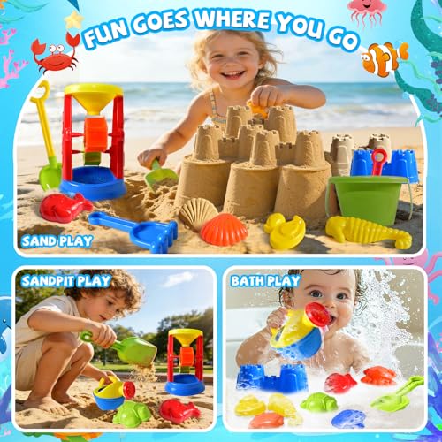 Beach Toys, 19 Piece Sand Toys Set Kids Sandbox Toys Includes Water Wheel Beach Tool Kit Bucket Watering Can Molds with Me...