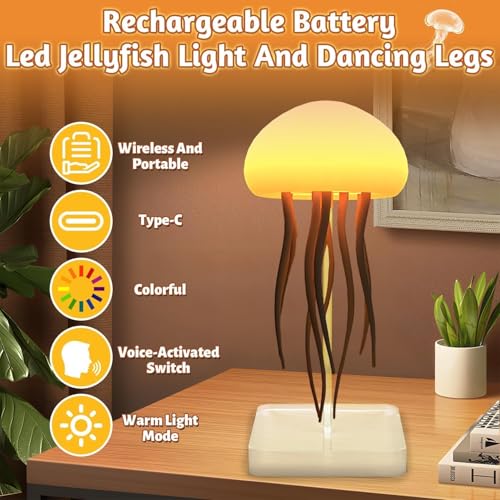 LED Jellyfish Lamp RGB Gradient Jelly Fish Light with Dancing Legs and Touch Sensor Rechargeable Cute Desk Lamp for Bedroo...