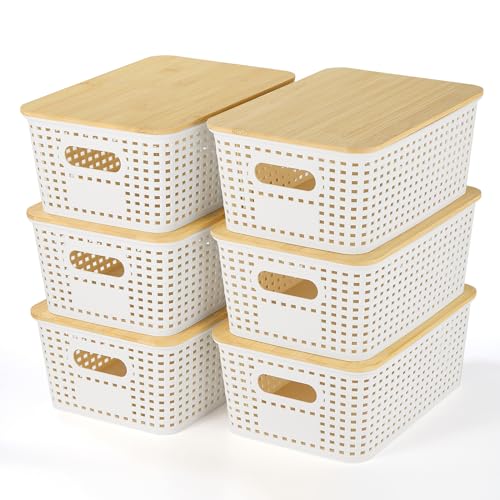 Ohmlove Plastic Storage Baskets With Bamboo Lid - Plastic Storage Containers Stackable Storage bins: Storage Baskets for O...