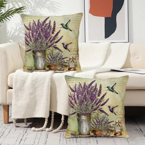 Kwlegh Lavender Pillow Covers Purple Flower Rustic Pillow Covers 18x18 Set of 2 Lavender Hummingbird Pillow Case Spring Vi...