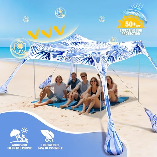 2PM SPORTS Beach Tent Sun Shelter 10x10 FT - UPF 50+ UV Protection, 8 Sandbags, Easy Setup, Portable Beach Shade Canopy fo...