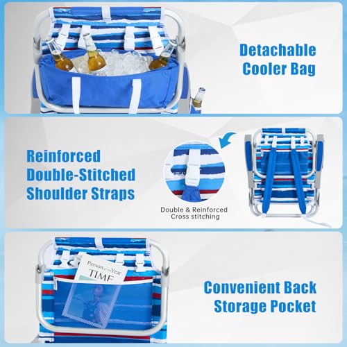 SUNNYFEEL Low Beach Chair 5 Position Lay Flat, Portable Folding Backpack Beach Chairs Heavy Duty with Cooler Bag, Cup Hold...