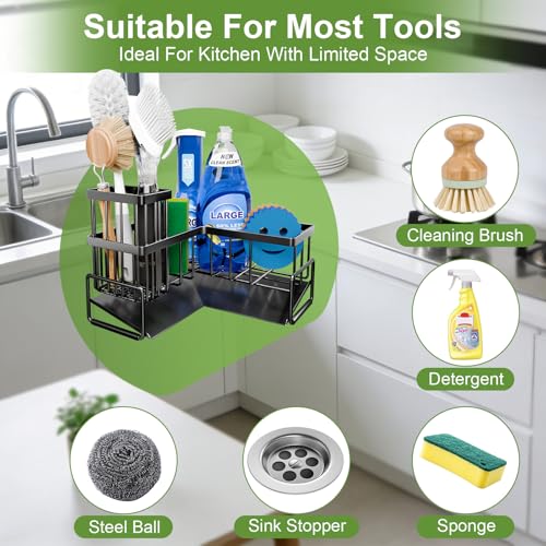 Fikoksol Large Sponge Holder for Kitchen Sink, 90-Degree Sink Caddy Organizer with Dish Brush Holder for Countertop Corner...