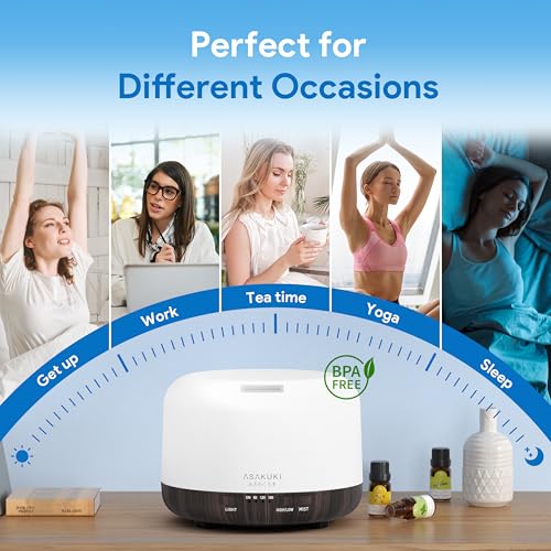 ASAKUKI Essential Oil Diffuser for Home, 500ML Aromatherapy Diffuser Humidifier with Remote Control, 7 Color LED Lights, Q...