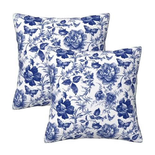 Tebjh Blue and White Porcelain Floral Butterfly Pillow Covers 18x18 in Vintage Chinoiserie Couch Pillow Case Sets of 2 Mod...