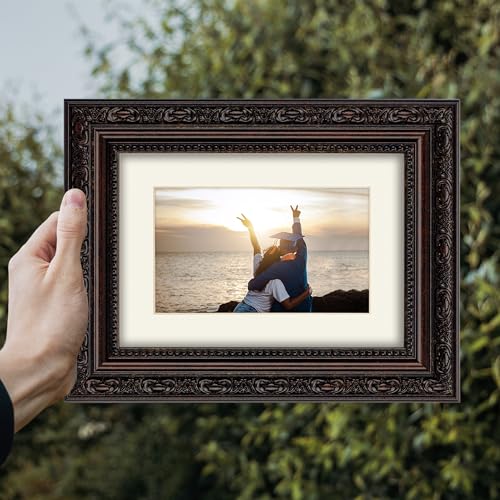 WYNCO 5x7 2-Pack Antique Dark Brown Scrollwork Ornate Classic Picture Frame, Matted for 3.5x5.5 inches Photos, Real Glass ...